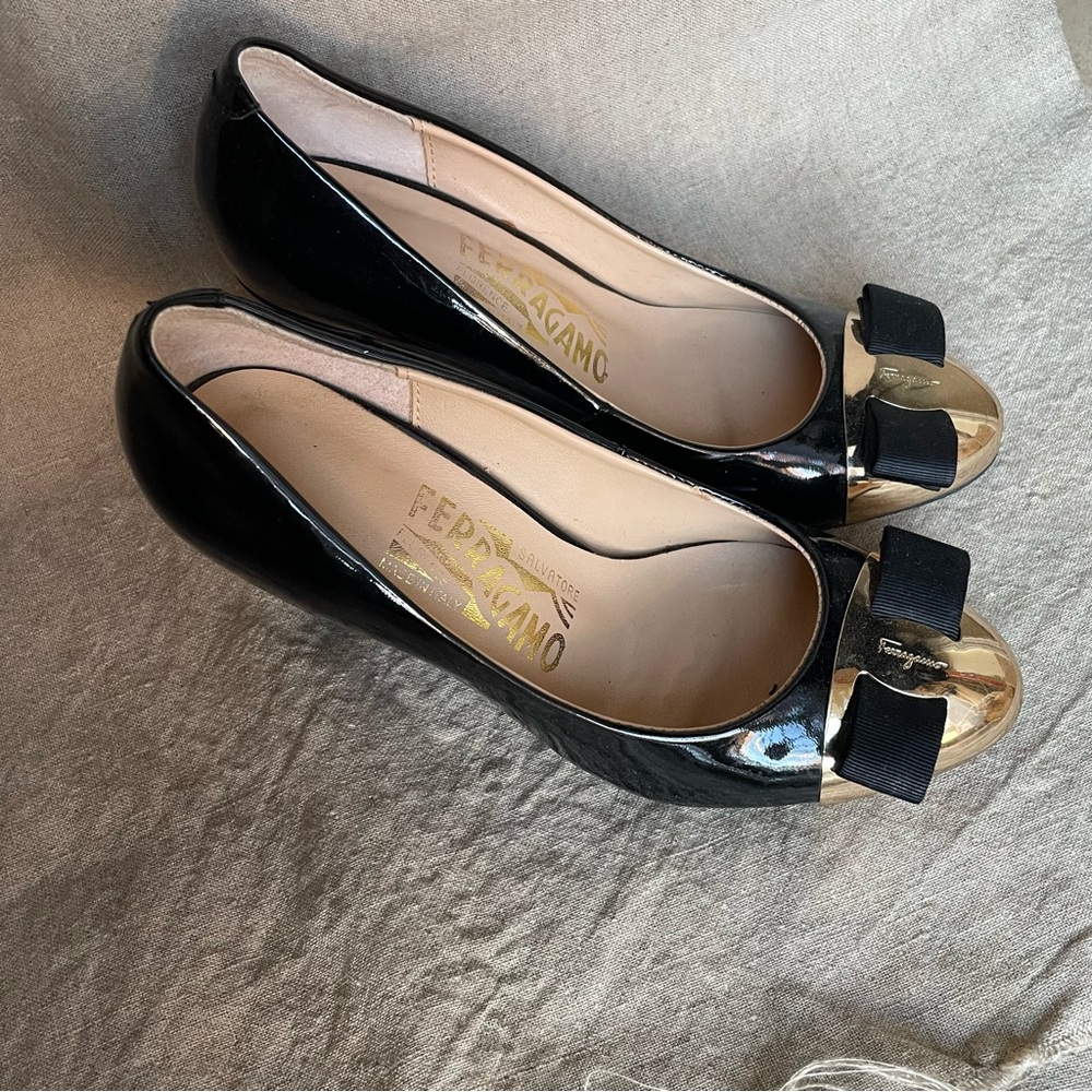 Salvatore Ferragamo Black patent heels with Gold Toe Size 5